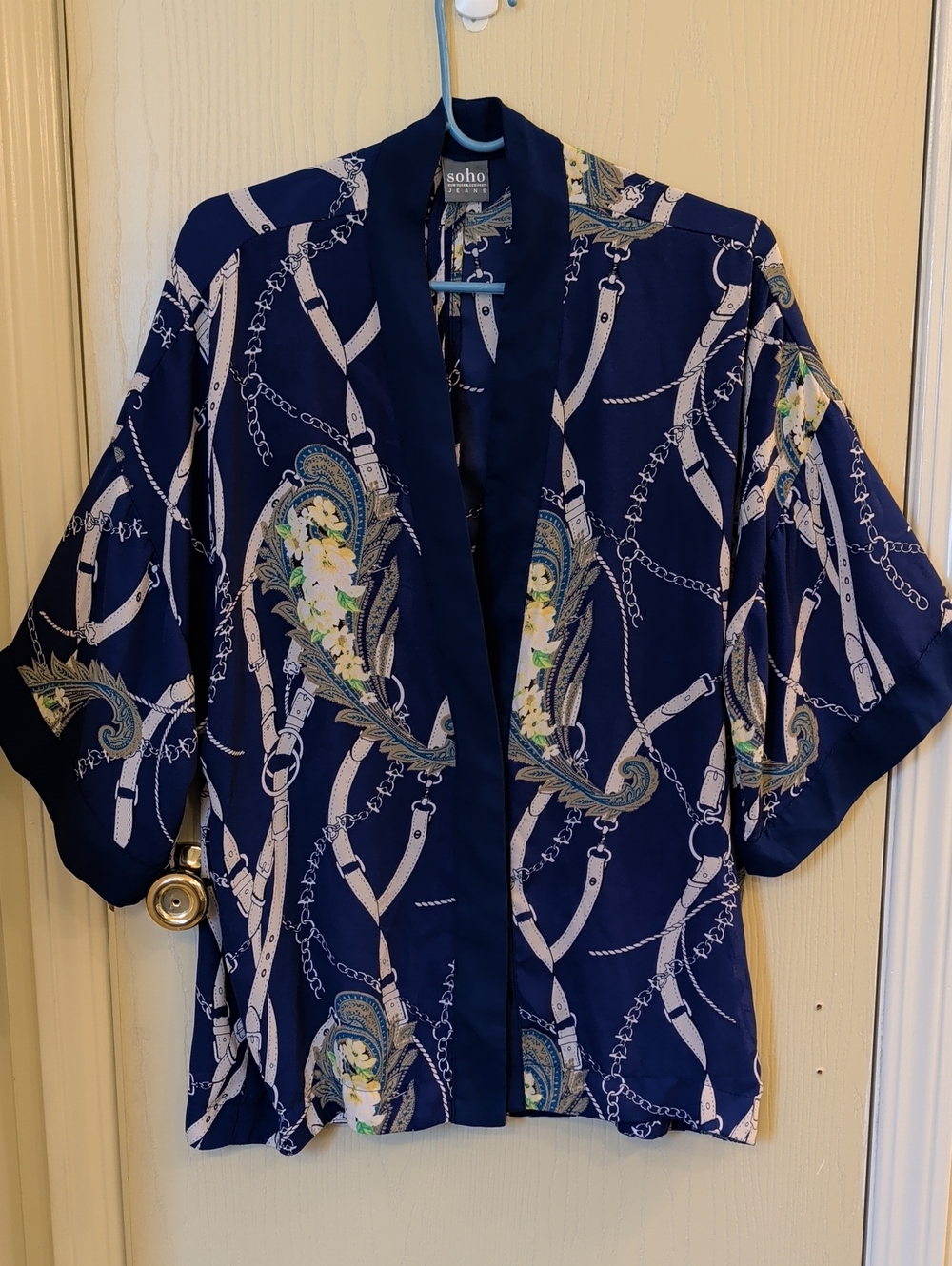 SOHO New York & Co L Navy Floral Chain Print Open Front Kimono Cardigan